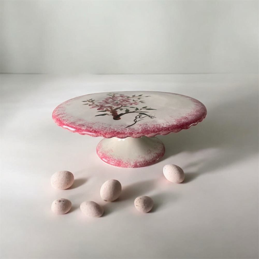 Vintage Handmade Floral Pink and White Ceramic Cake Stand